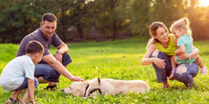 A young couple and their two young children play in the park with their dog, knowing their Value Whole Life Insurance is there to protect their family’s financial security.